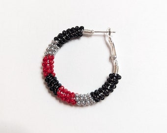 Red, Silver and Black Striped Designed Earrings/Czech Glass Bead/ Wire Wrapped/ Sterling Silver plated 1" Hoops/ Hand Made in Alabama