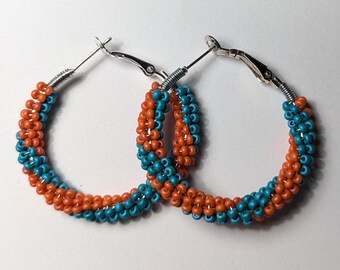Turquoise & Coral Swirl Design/Czech Glass Bead/ Wire Wrapped, Sterling Silver plated 1" Hoops/ Hand Made in Alabama