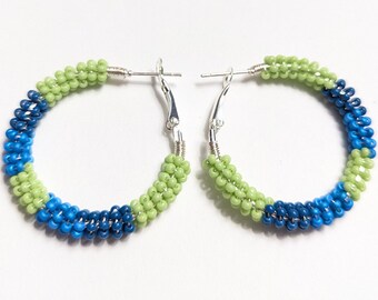 Lime Blue Envy, Striped Designed Earrings/Czech Glass Bead/ Wire Wrapped/ Sterling Silver plated 1" Hoops/ Hand Made in Alabama
