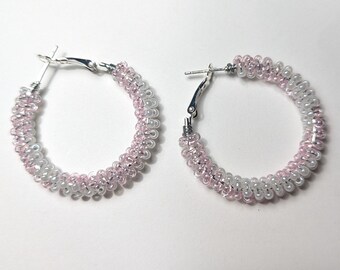Opaque White and Clear Pink Swirl Design/Czech Glass Bead/ Wire Wrapped, Sterling Silver plated 1" Hoops/ Hand Made in Alabama