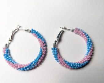 Pink and Baby Blue Swirl Design/Czech Glass Bead/ Wire Wrapped, Sterling Silver plated 1" Hoops/ Hand Made in Alabama