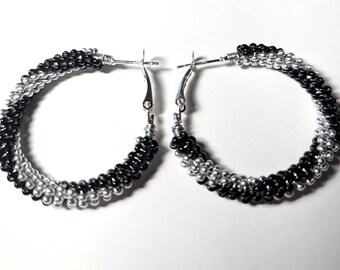 Black and Silver Swirl Design/Czech Glass Bead/ Wire Wrapped, Sterling Silver plated 1" Hoops/ Hand Made in Alabama