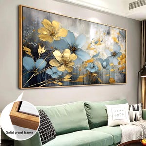 Modern Art - Elegant Abstract Printed Paintings Of Blue Flowers With Wooden Frame Hooks Create A Modern Art Atmosphere.