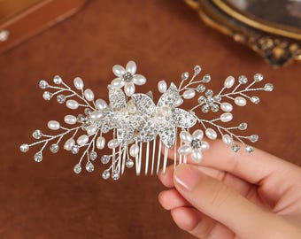 Handwired Silver Bridal Hair Comb • Floral Rhinestones & Pearl Hairpiece • Wedding Hair Comb with Crystal Leaves for Brides Gold