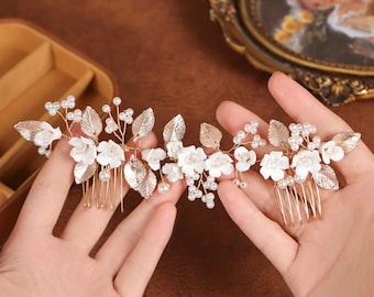 ウェディングコーム ローズゴールド シルバー、花嫁用リーフヘアコーム、パールクリスタルブライダルヘアピース、セラミックフローラルブライダルヘアコーム ハンドワイヤー