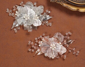 Floral Wedding Comb Rose Gold Silver, Hair Comb for Bride, Pearls Crystals Bridal Hairpiece, Rhinestones Bridal Hair Comb Handwired