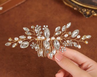 Gold Wedding Hair Comb • Bridal Hairpiece with Pearls & Crystals • Handwired Leaf Rhinestone Hair Comb for Brides Silver