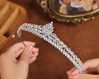 Luxurious Crystal Leaf Bridal Tiara with Rhinestones • Statement Silver-Tone Crown for Bridal Parties, Photoshoots and Galas