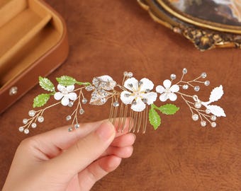 Flower Hair Comb for Bride, Pearls Crystals Bridal Hairpiece, Green Leaves Floral Bridal Hair Comb Handwired, Wedding Comb Hair Accessory