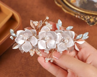 Wedding Comb Hair Accessory, Flower Hair Comb for Bride, Pearls Crystals Bridal Hairpiece, Shell Pink Floral Bridal Hair Comb Handwired