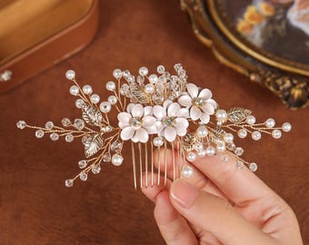 Hochzeit Kamm Vine Gold, Blumen Haarkamm für Braut, Perlen Kristalle Blatt Haarteil, Floral Brautkamm, Vintage Strass Zubehör