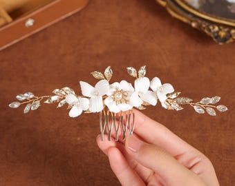 Wedding Comb Vine Silver Gold, Exquisite Flower Hair Comb for Bride, Pearls Crystals Hairpiece, Ceramics Floral Bridal Comb Handcrafted