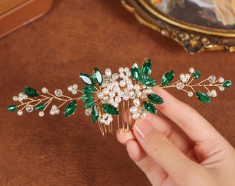 Wedding Comb, Hair Comb for Bride, Pearls Crystals Hairpiece, Floral Bridal Comb, Vintage Rhinestones Wedding Accessory, Green Blue Purple