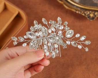 Hochzeit Kamm Haarschmuck • Perlen Haarkamm für die Braut • Kristalle Braut Haarschmuck • Diamant Strass Blatt Braut Haarkamm Handwired