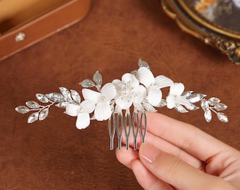 Wedding Comb Vine Silver Gold, Flower Hair Comb for Bride, Pearls Crystals Hairpiece, Ceramics Floral Bridal Comb, Rhinestone Hair Accessory