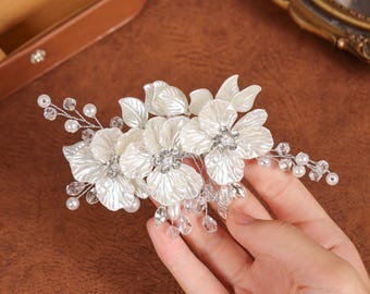 Wedding Clip Silver, Hair Clip for Bride, Pearls Crystals Bridal Hairpiece, Floral Rhinestones Bridal Hair Clip Handwired Pink Blue Red