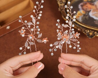 Handwired Rose Gold Hair Pins • Floral Rhinestones • Pearls Comb• Wedding Hair Accessories for Brides & Bridesmaids • Hair Jewelry