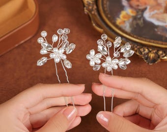 Wedding Comb Rhinestones, Hairpins for Bride, Pearls Crystals Hairpiece, Floral Bridal Comb Crystals, Vintage Wedding Accessory