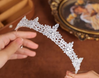 Crystal Bride Crown with Ornate Floral Sunburst Pattern • Silver Tiara with Sparkling Peak for Weddings and Special Occasions Ceremony