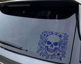 Calcomanía de calavera floral / Pegatina de calavera floral / Vinilo de flores góticas para coches, vasos y portátiles