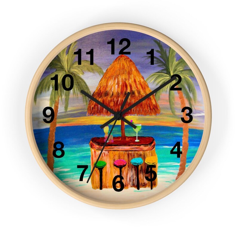 Tropical Tiki Beach Bar Coastal Wall Clock With My Art Etsy