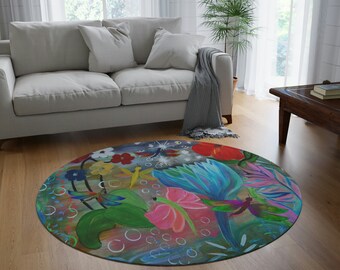 Fantasy floral garden 60" Round Rug with my intuitive art. Rug is 5' in diameter 60 " round. Fantasy colorful garden round chenille rug.