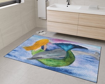 Playful dolphin dolphin and  mermaid swimming rug floor mat for indoor or outdoor with non-skid backing of my art. Mermaid rug floor mat.