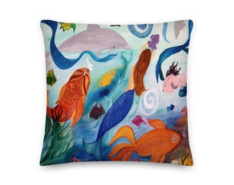 Mermaid and tropical fish coastal beach house Premium throw Pillows with my art.