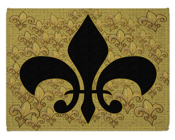 Black and gold fleur de lis family room decor floor mat ottomans and throw blankets and pillows from my art.