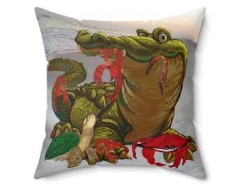 Cajun Gator auf quadratischem Wurf-Kissen von Bayou Spun Polyester meiner Kunst.