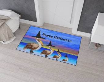 Halloween pelicans witch beach house rug floor mat for indoor or outdoor with non-skid backing of my art. Halloween door mat.