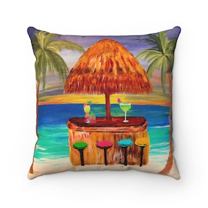 Tiki beach bar Spun Polyester Square  throw Pillow of my art.