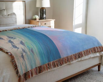 Sandpipers beach coastal design Woven Blankets with my art.
