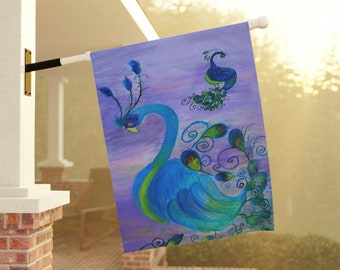 Peacock bird home Garden & House Banner flag  with my art. Pretty peacock garden flag yard art.
