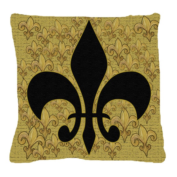 Black and gold fleur de lis family room decor floor mat ottomans and throw blankets and pillows from my art.