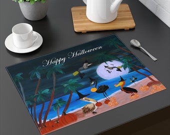 Halloween pelicans coastal beach witch party Placemat of my art.