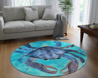 Blue crab coastal home 60" Round Rug with my art. Rug is 60 " round. Blue crab beach house sealife round chenille rug.