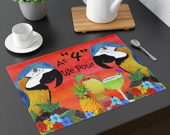 Parrot At 4 we pour colorful beach tiki bar place mats with my art.