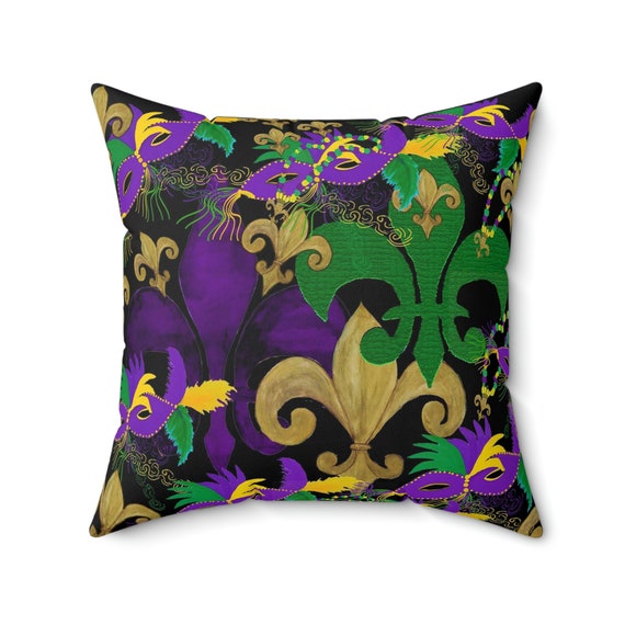 Mardi Gras fleur de lis and masks on black Spun Polyester Square Pillow Case