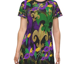 Mardi Gras fleur de lis and masks on black All Over Print T-Shirt Dress