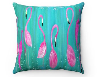 Coastal pink flamingos on aqua Spun Polyester Square throw Pillow of my artFlamingo throw pillow.