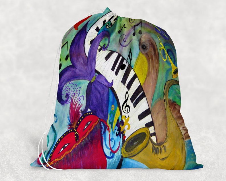 Choose from 2 sizes and several Holiday festive designs. Mardi Gras party gift tote large Santa Sacks from my art