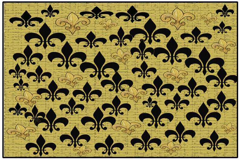 Black and gold fleur de lis family room decor floor mat ottomans and throw blankets and pillows from my art.