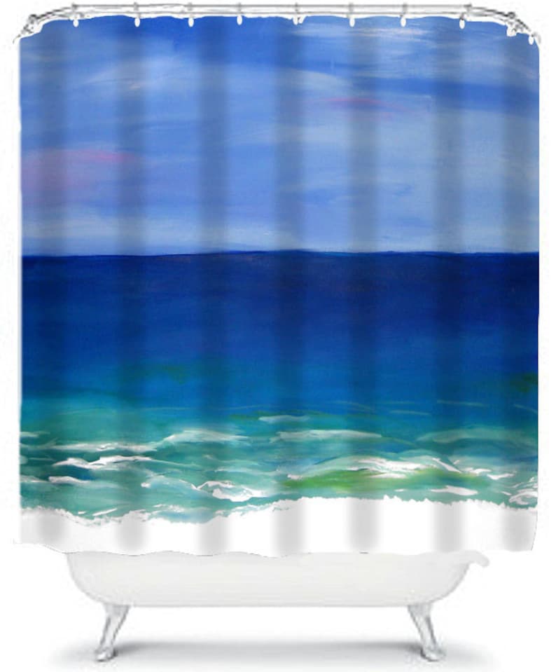 Coastal home beautiful beach bathroom shower curtains and bath mat from my art,sold separately.