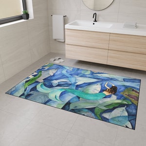 Mermaid and dolphins coastal tropical beach rug floor mat for indoor or outdoor with non-skid backing of my art. Heavy Duty Floor.
