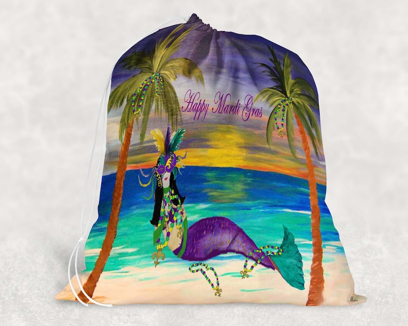 Choose from 2 sizes and several Holiday festive designs. Mardi Gras party gift tote large Santa Sacks from my art