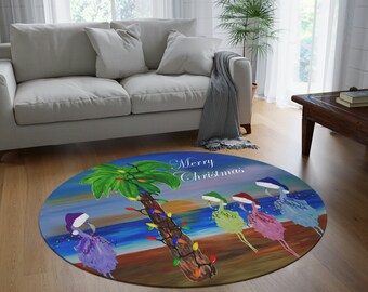 Christmas colorful flamingos coastal home 60" Round Rug with my art. Rug is 60 " round. Christmas flamingos coastal home round chenille rug.