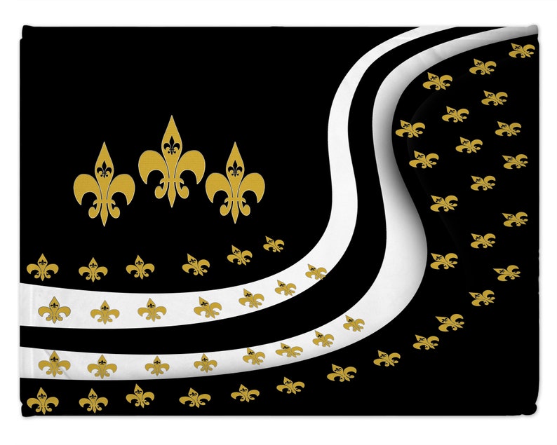 Black and gold fleur de lis family room decor floor mat ottomans and throw blankets and pillows from my art.
