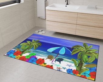 Tropical hibiscus beach coastal home design rug floor mat for indoor or outdoor with non-skid backing of my art. Beach house rug and decor