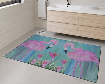 Flamingos and bird of paradise coastal home tropical rug floor mat for indoor or outdoor with non-skid backing of my art. Flamingos rug.